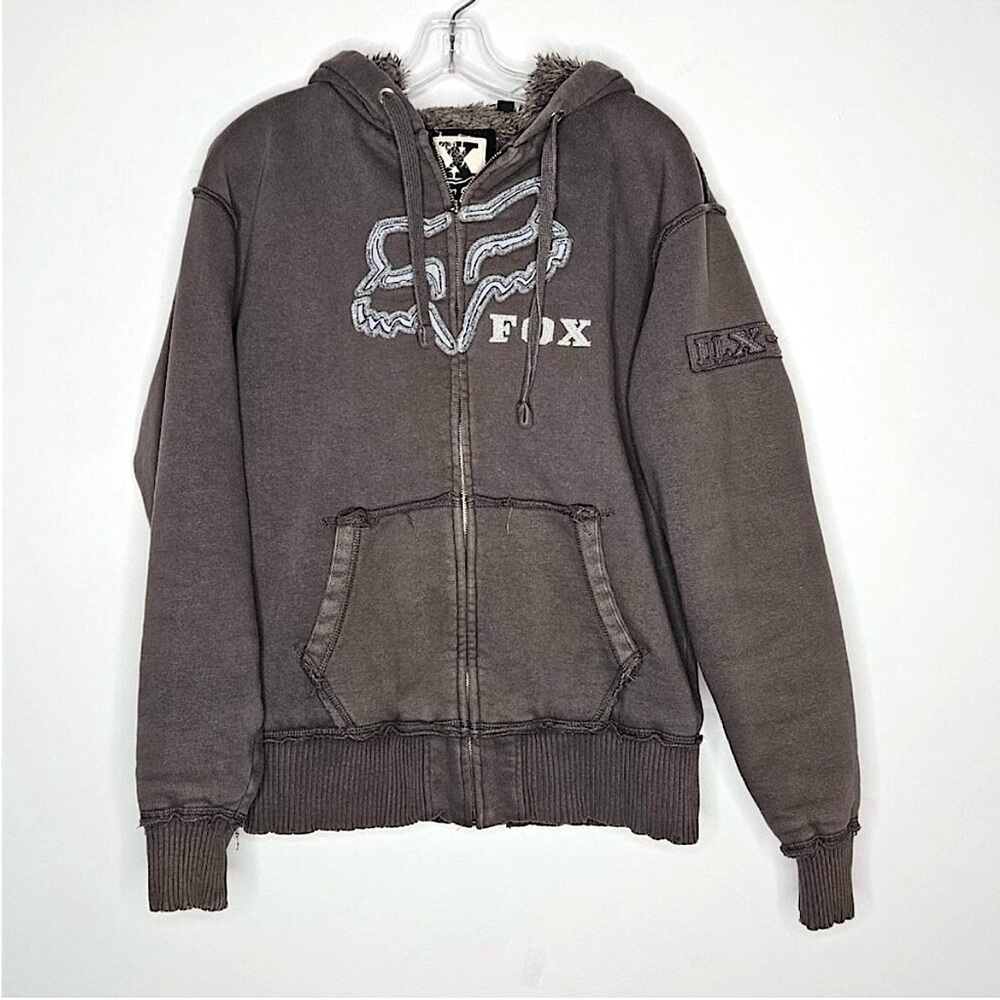 Fox Racing Sasquatch Hoodie Mens Large Faux Fur Lined Full Zip Jacket Y2K Gray